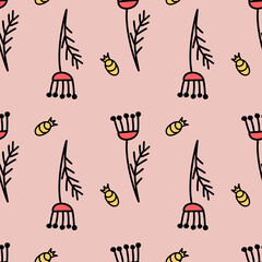 Fantasy childish pink flower and bud, seamless pattern background textile design