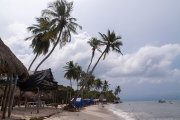 Fototapeta na wymiar Landscape of palm trees, chairs and half-empty bungalows on one of the beaches of Isla Baru, on a stormy day, in the Colombian Caribbean