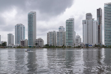 Fototapeta premium Skyline of the Bocagrande district skyscrapers and buildings on a stormy day