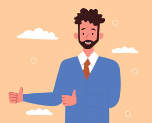 Fototapeta na wymiar Smilling businessman on sky background. Man in suit stands and shows his thumbs. Business, success, motivation. Leader, happy. Confidence gesture, inner strength. Cartoon flat vector illustration
