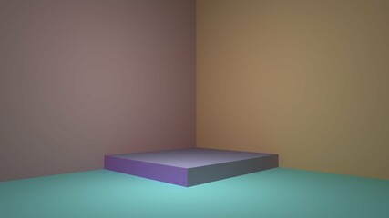 Rectangular stand on a beige background. Corner podium for demonstration of goods. 3d render.