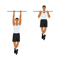 Man doing Chin up exercise. Flat vector illustration isolated on white background. workout character set