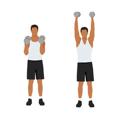 Man doing Open fit shoulder press exercise. Flat vector illustration isolated on white background. workout character set