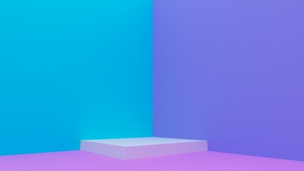 Corner stand. Rectangular white stand on a blue, lilac background. Stand for demonstration of goods. 3d render.