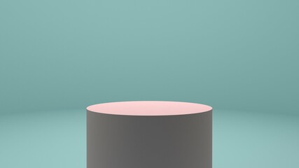 Round pink stand on a blue background. Stand for demonstration of goods. 3d render.