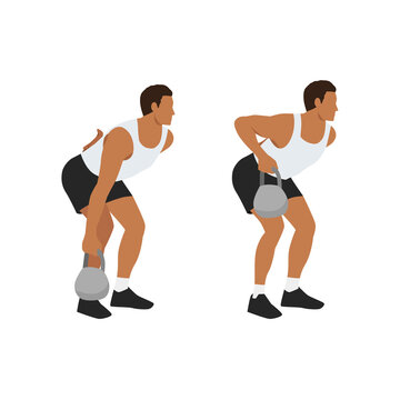 Man doing Kettlebell exercise bent over rowing with the smash bell exercise. Flat vector illustration isolated on white background. workout character set © lioputra