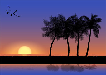 Fototapeta na wymiar landscape view drawing palm with sunset or sunrise background vector illustration concept romantic