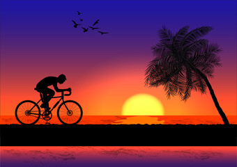 Fototapeta premium a man riding a bicycle in evening with sunset background and orange silhouette of sunset vector illustration
