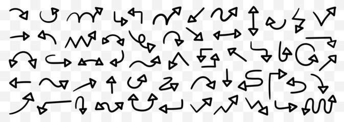 Black line arrows vector set. Isolated Hand-drawn arrows icons on white background. Different pointer collection. Simple drawing arrow sign. Vector illustration.