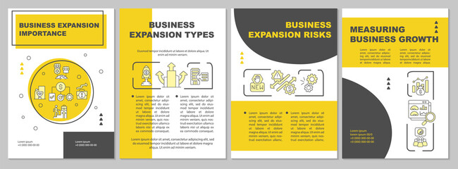 Expand business yellow brochure template. Company development. Flyer, booklet, leaflet print, cover design with linear icons. Vector layouts for presentation, annual reports, advertisement pages
