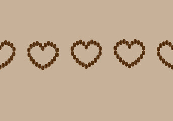 Background with coffee beans in the shape of hearts on a beige background