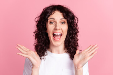 Photo of young cheerful woman amazed shock omg wow discount information isolated over pink color background