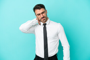 Business caucasian man isolated on blue background with neckache