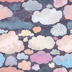 Seamless pattern with abstract cartoon clouds in watercolor style and pattern texture. Vector illustration