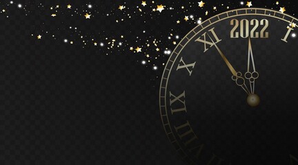 Half hidden golden clock showing 2022. Stars confetti. Transparent background.