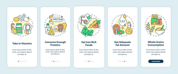Pregnancy diet onboarding mobile app page screen. Taking in vitamins and proteins walkthrough 5 steps graphic instructions with concepts. UI, UX, GUI vector template with linear color illustrations