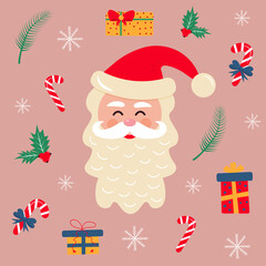 Santa Claus head with gifts, candy canes, holly, fir twigs and snowflakes. Christmas greeting card.