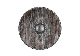 Old wooden round shield isolated on white background with clipping path