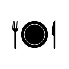Spoon fork plate icon logo. Vector meal dish knife dinner food illustration icon