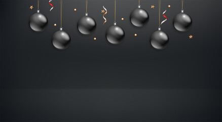 Black glass baubles on black background. Vector banner with copy space