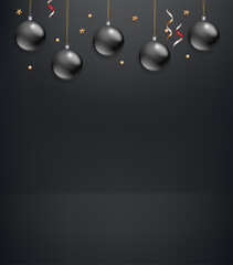Black baubles on black background. Vector vertical banner with copy space