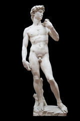 Statue of David isolate. Sculpture of the ancient Greek mythical hero David by the artist Michelangelo.