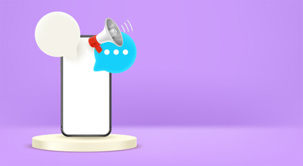 Smartphone mockup with speech clouds and bullhorn. Vector banner with copy space