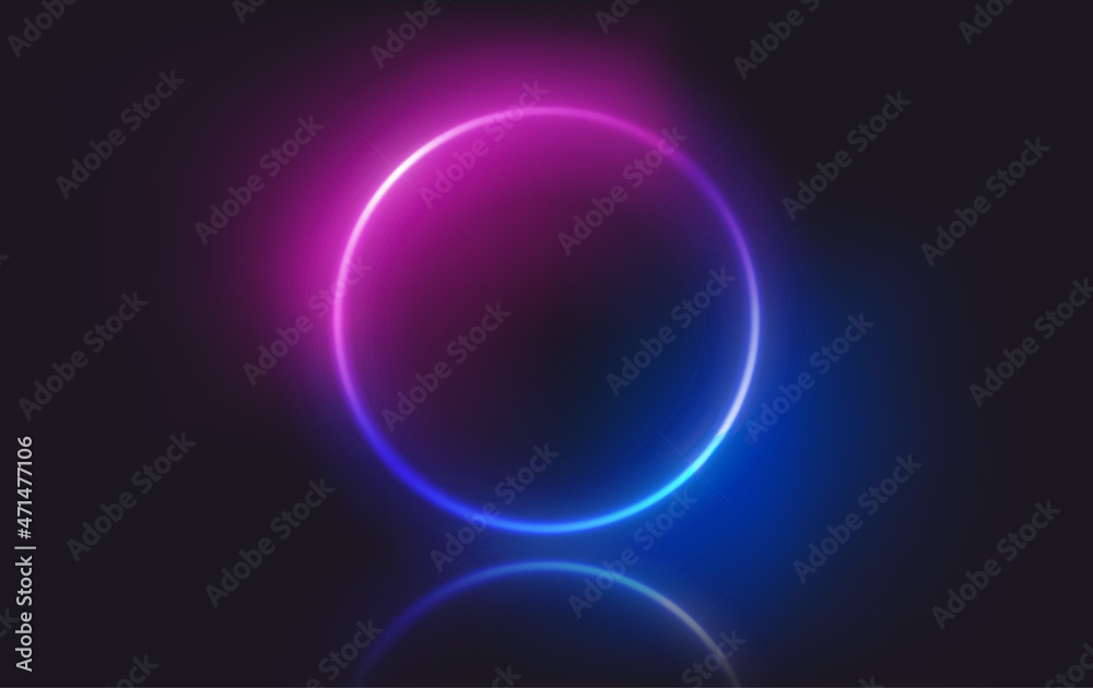 Poster circle neon glowing frame on dark background. trendy color vivid gradient. template for design
