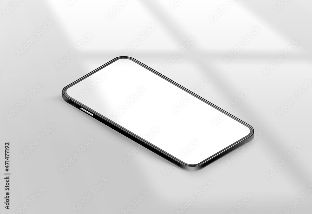Poster Modern smartphone with blank screen on a table with sun light from the window. Realistic vector mockup with sun flare effect