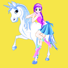 Hand drawn cute girl with unicorn  Vector. Cheerful smiling cute cartoon girl playing and hugging magical unicorn.