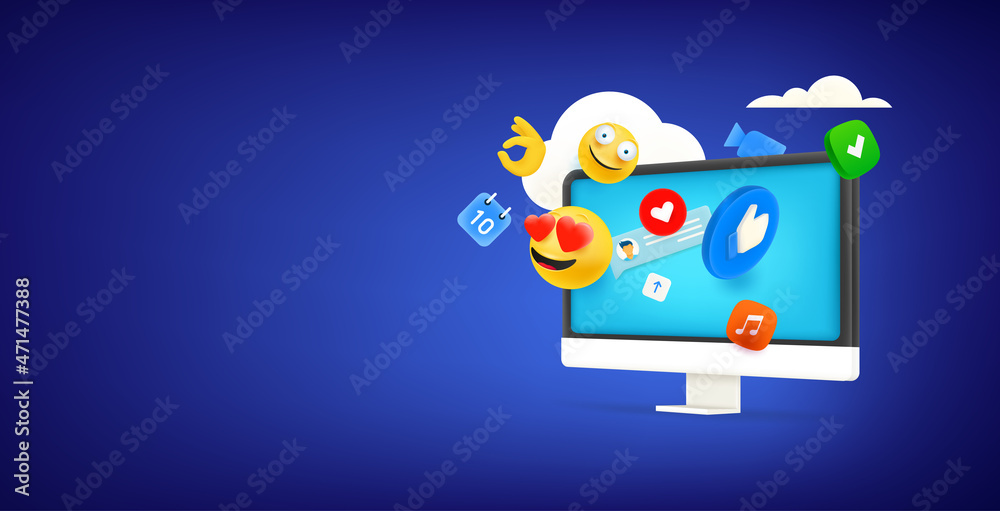 Aufkleber Modern computer with notifications and social media icons. Horizontal vector banner with copy space