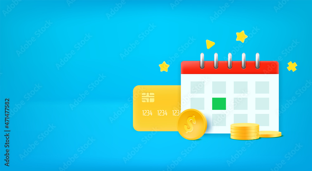 Poster calendar with card and money. vector banner with copy space