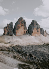 The Three Peaks in the Dolomites. Photography by day. Three peaks tourist hotspot