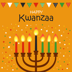 Happy Kwanzaa vector flat illustration on bright yellow background with confetti. African celebration cute design card.
