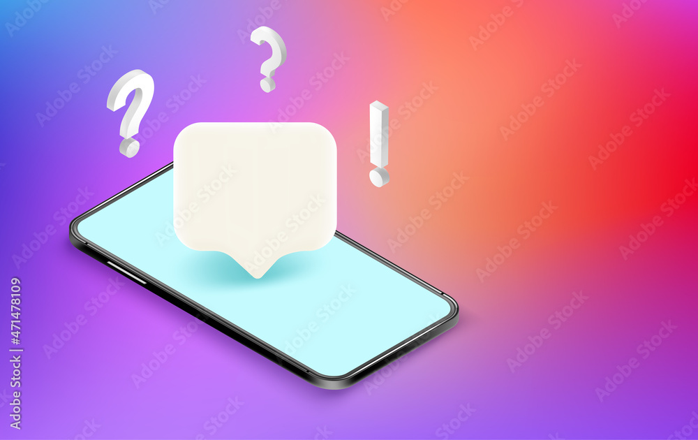 Poster Ask question with mobile phone concept. Vector banner with copy space
