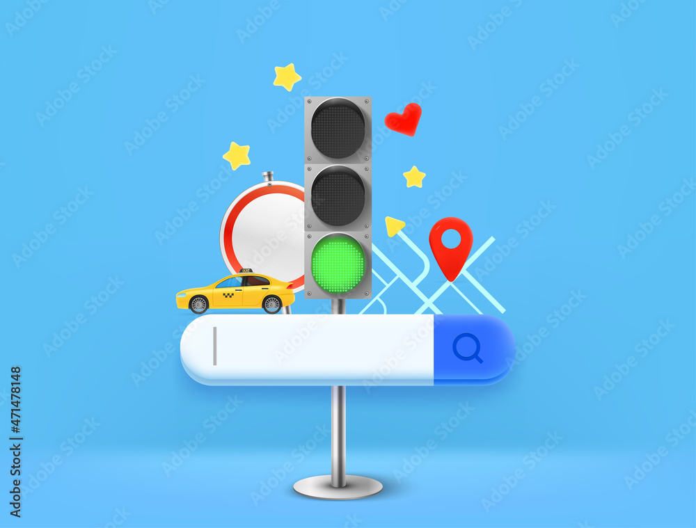 Poster Searching for point of interest in internet with search tab. 3d style vector illustration