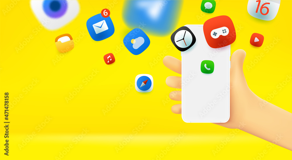 Poster Man holding smartphone with mobile applications. Horizontal vector banner with copy space