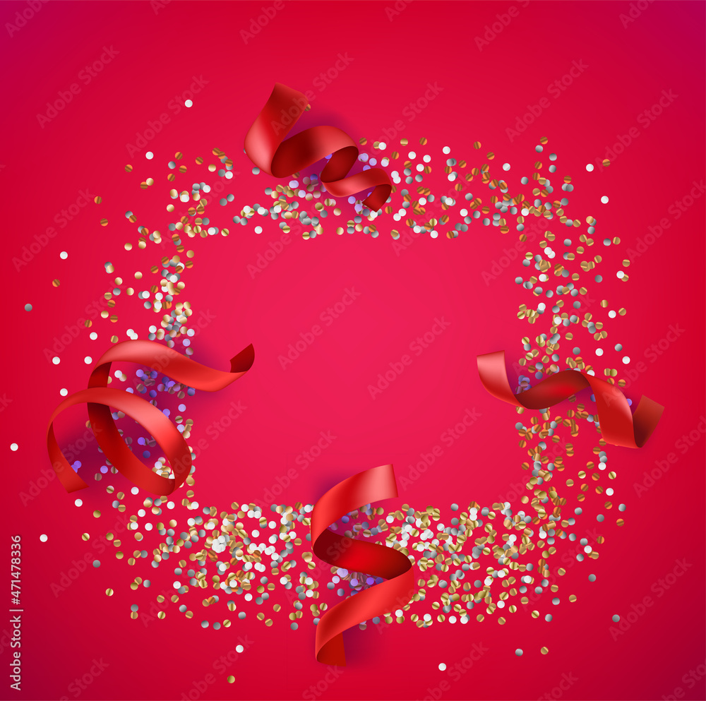 Poster Empty frame of confetti and red ribbons. Greeting card with copy space