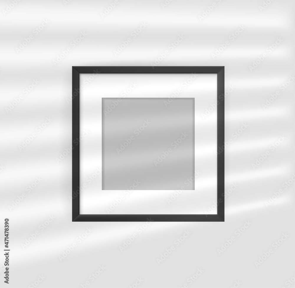 Poster square photo frame mockup with sun flare effect. light of the window with blinds