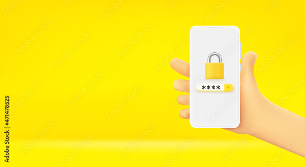 Aufkleber man holding smartphone with security app. horizontal vector banner with copy space