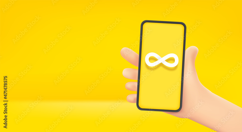 Poster man holding smartphone with infinity symbol. vector banner with copy space