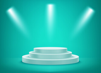 Ladder podium on green illuminated room. Realistic 3d style vector illustration