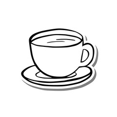 Black line coffee cup on white silhouette and gray shadow. Hand drawn cartoon style. Vector illustration for decorate, coloring and any design.