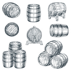 Wooden barrels set. Vector hand drawn sketch illustration. Wine, beer, whiskey storage container on white background - 471478901