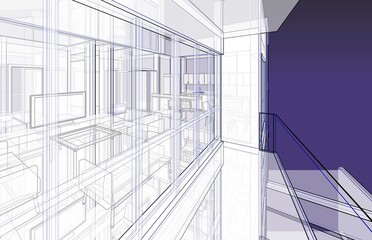 3d illustration of a perspective view from a flat's balcony. Living room and kitchen seen behind the windows. Abstract scene in blueprint style with semi-transparent walls. 