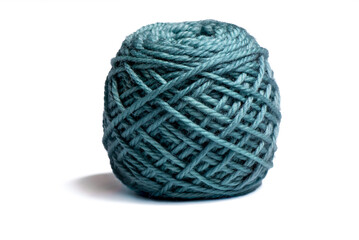 Ball of blue teal yarn on a white background