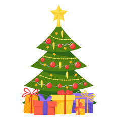 Christmas tree with gifts. Stars, decorative balls and a chain of light bulbs decorated the tree with many gift boxes. Flat style vector illustration isolated on white background