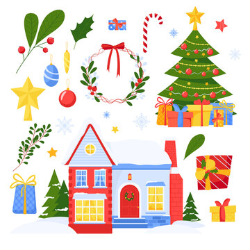 Set of Christmas icons. Illustration from a collection of holiday items: a Christmas wreath, a house, snowflakes-stars, gifts, a Christmas tree, mistletoe, holly, toys for the Christmas tree