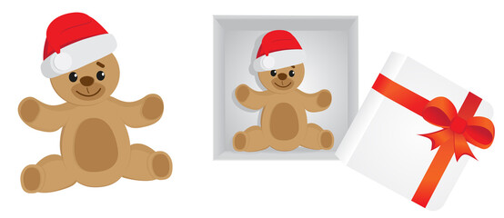 Funny cartoon Teddy bear inside of gift box. Vector illustration isolated on white