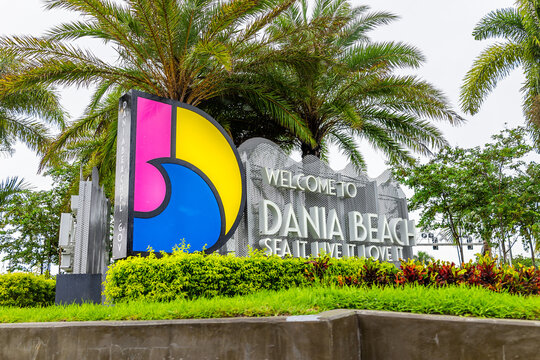 Miami, USA - July 12, 2021: Sign for Dania Beach city near Hollywood, Miami and Ft Lauderdale welcome message signage with colorful design in summer